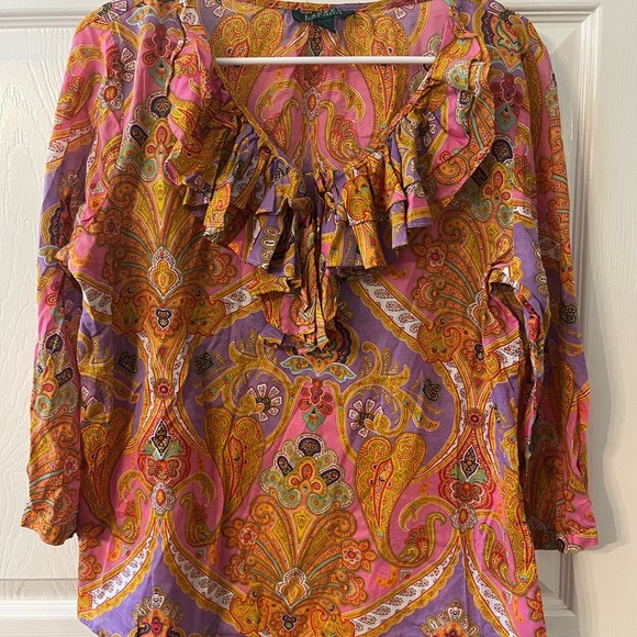 Ralph Lauren Tops - Ralph Lauren Orange Ruffled 3/4 Sleeve Blouse